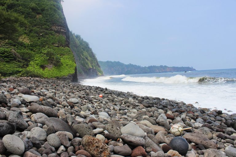 Rounded stones on a beach below a green sea cliff
