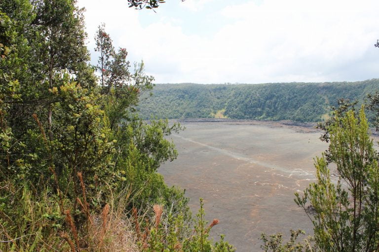 A trail line crossing a wide crater floor below forested walls