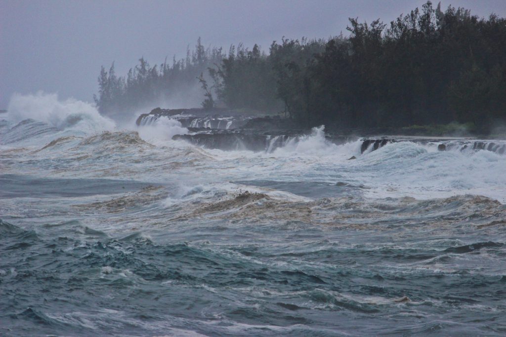 Heavy surf breaking along a jungle-lined lava coastline
