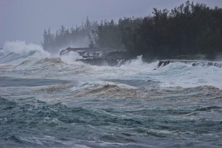 Heavy surf breaking along a jungle-lined lava coastline